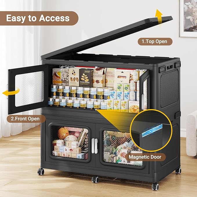 BROVIEW 880 Qt Extra Large Stackable Storage Bin with Lids, 4 Pack Black | 220Gal Extra Large, Collapsible Storage Boxes with 4 Lids, Folding& Rolling Plastic Drawer, Heavy-Duty Cabinet Organization