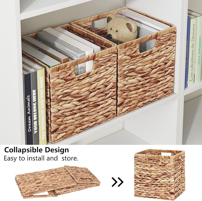 Vagusicc Wicker Storage Basket, Set of 2 Handwoven Water Hyacinth Storage Baskets for Organizing, 13 inch Foldable Storage Cubes with Handles for Laundry Organizer Bins for Bathroom Shelves & Decor