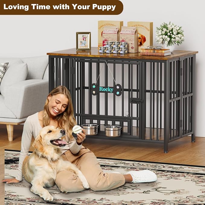 Easycom Foldable Dog Crate Furniture for Large Dogs 35-60 lb, Rustic Brown | Dog Cage with Adjustable Bowls and Name Tag, No Assembly Decorative Wooden Dog Kennel Indoor, End Table