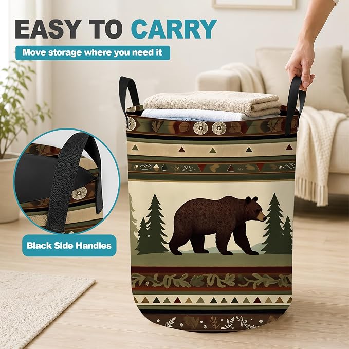 Laundry Hamper,Rustic Bear Forest Collapsible Laundry Basket with Handles,Lodge Cabin Waterproof Oxford Cloth Clothes Organizer for Bedroom Bathroom Dorm Nursery,16 x 20 Inch