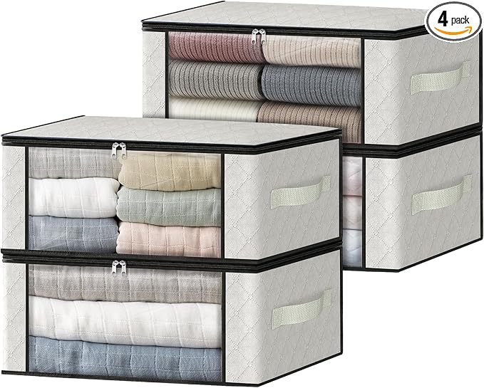 HomeHacks 4-Pack Clothes Organizer Storage Bags, 35L Storage Bins, White | Foldable Storage Box Container with Zippers, Clear Window, Reinforced Handles for Closet, Dorm, Pillows, Bedding, Sweater