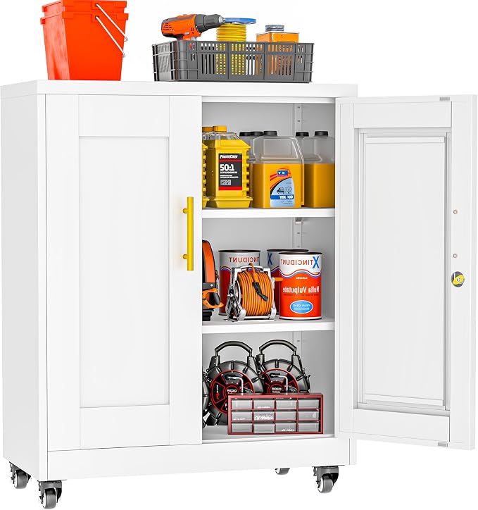 Small Metal Storage Cabinet with Wheels, Lockable Tool Cabinet with Doors | 2 Adjustable Shelves, Locking Doors, Magnetic Closure, Rolling Base, Compact 27.6-Inch Width, Cold-Rolled Steel