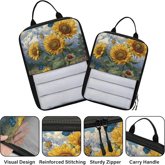 TropicalLife Sunflower Butterfly 6 Set Compression Packing Cubes | Compressible Expandable Luggage Suitcase Organizer Bags Space Saver Bags for Carry on