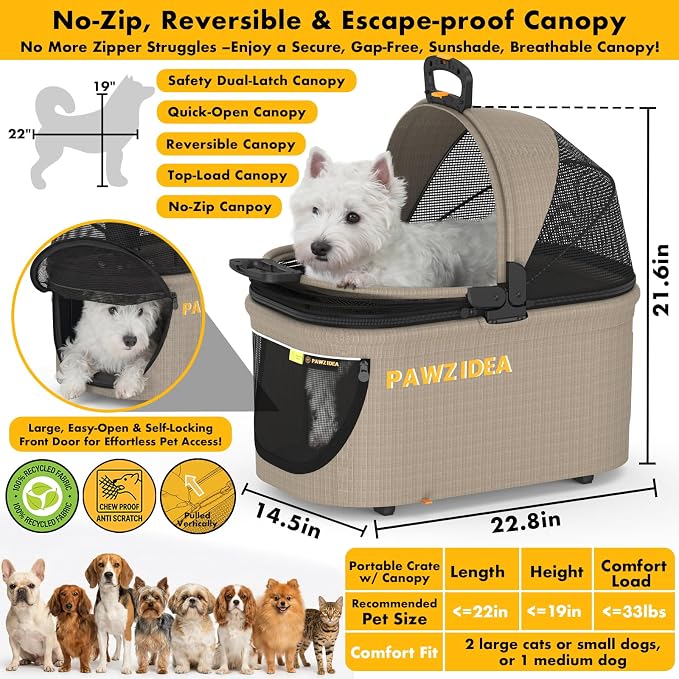 PAWZIDEA Pet Stroller 4-in-1, Foldable Dog Stroller with Detachable Carrier | Escape-Proof No-Zip Canopy, Portable Travel Crate & Car Seat Combo, for Small to Medium Dogs & Cats up 33 lbs, Storage Basket