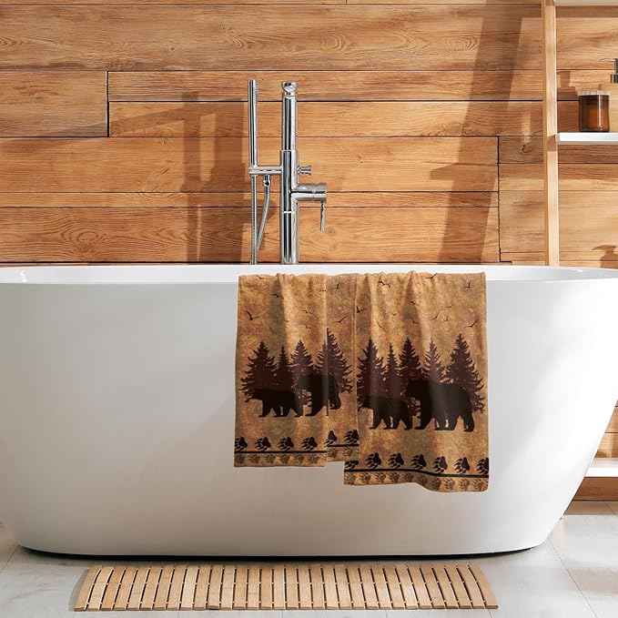 Giwawa Rustic Bear Hand Towels- Retro Brown Bear Animal Paw Print Decorative Towel Set of 2- Antique Country Style Wildlife Face Towel Absorbent Washcloth for Hotel Bathroom Gym Guest Cabin