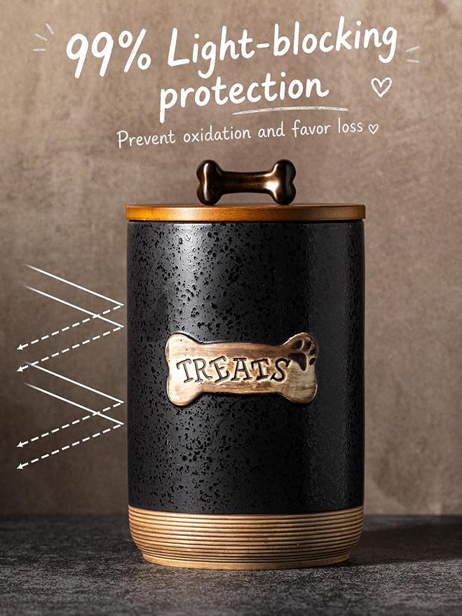 Miamolo Dog Treat Container Jar with Airtight Lid, Keep the Pet Treat Fresh | Ceramic, Cast-iron Handle | Dog Food Storage Canister for Cookie Snack, Kitchen Counter, Dog Lovers Gift, Bone Glinting Black
