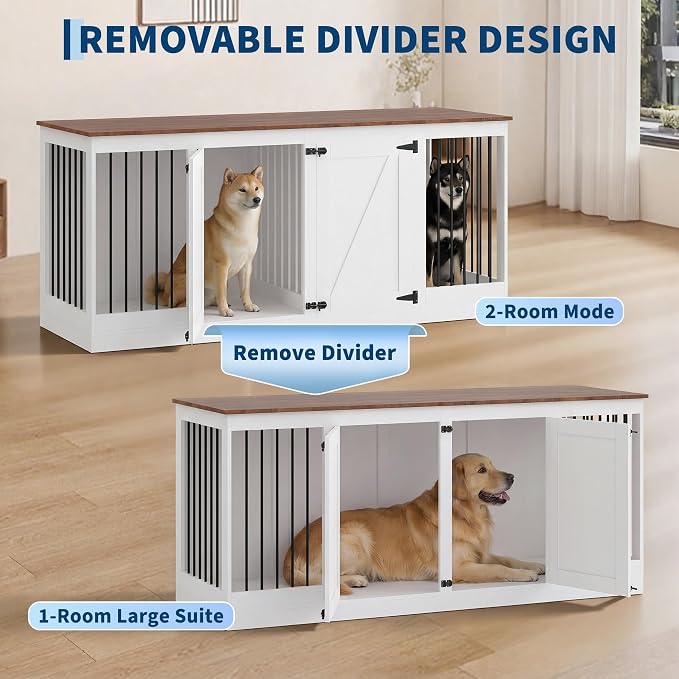70.8" Large Dog Crate Furniture for 2 Dogs, Farmhouse Dog Crate TV Stand with Removable Divider, Heavy Duty Wooden Dog Kennel with Reinforced Steel Bars & 2 Lockable Doors