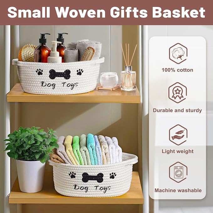 Bufims Small Woven Dog Gifts Basket for Storage Empty Dog Toy Bins Organizer with Ribbons and Bags Durable Cute Pet Gifts 12"X 8" X 5" Small Rope Basket for Gifting
