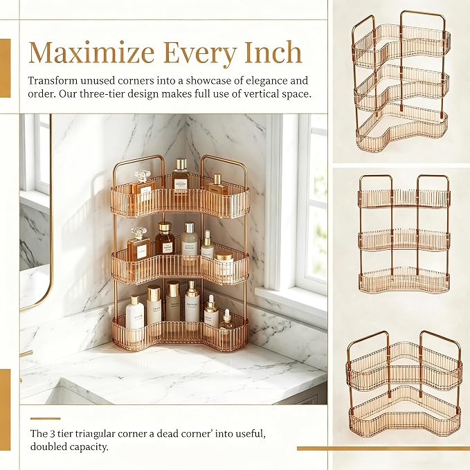 3-Tier Corner Bathroom Organizer, Skincare Vanity Counter Shelf Orange | Premium PET Perfume Display Stand with Gold Metal Rods, Space-Saving 90 Degree Storage Rack for Dresser