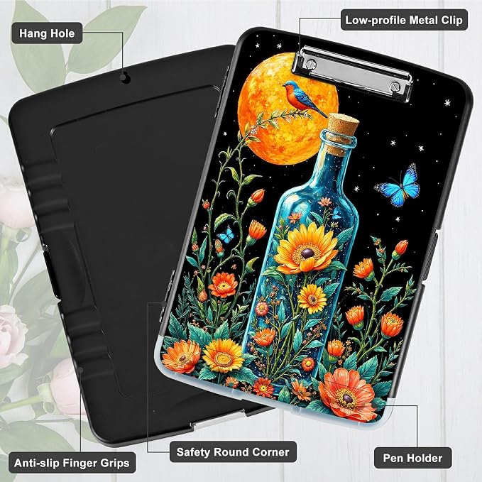 A4 Clipboard with Storage Pen Holder, Clipboards Organizer Nursing Clipboard Foldable File Folder Plastic Clipboard Folio Clip Board for Office Classroom Doctor, Drift Bottle Flowers Birds