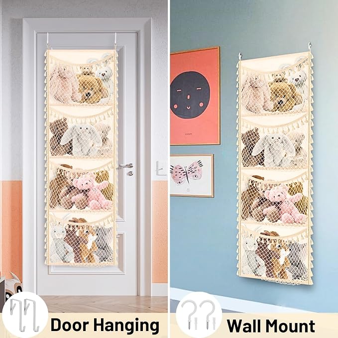 Over The Door Stuffed Animal Storage, Cotton Toy Organizer for Storage Plush Toys,Baby Supplies, Stuffed Animal Holder with 4 Large Pockets, Hanging Door Organizer for Nursery, Bedroom (Tassel)