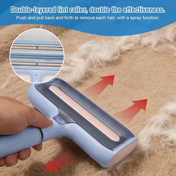 Pet Hair Remover,Lint Rollers for Pet Hair Extra Sticky with Water Spray,Reusable 2-in-1 Dog & Cat Hair Removal Tool for Furniture,Couch,Carpet,Bedding, and Clothes - Includes 4 Brushes