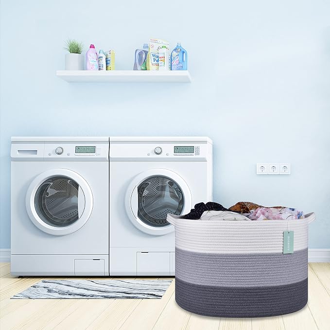 Large Cotton Rope Blanket Basket, 87L Laundry Hamper, White & Gray