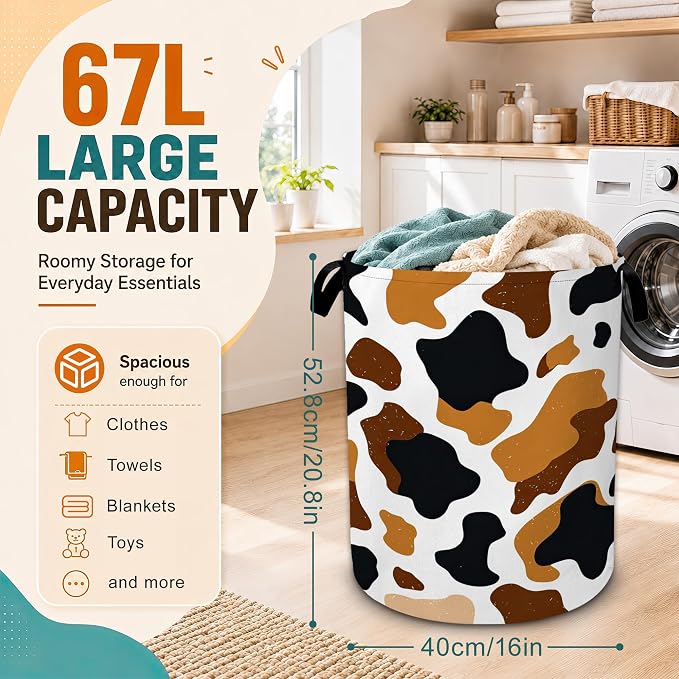 Cow Skin Laundry Basket with Handles,Black Brown Foldable Oxford Laundry Hamper,Collapsible Clothes Storage Basket for Laundry Room/Bathroom/Bedroom/Dormitories 20.8 x 16 Inches