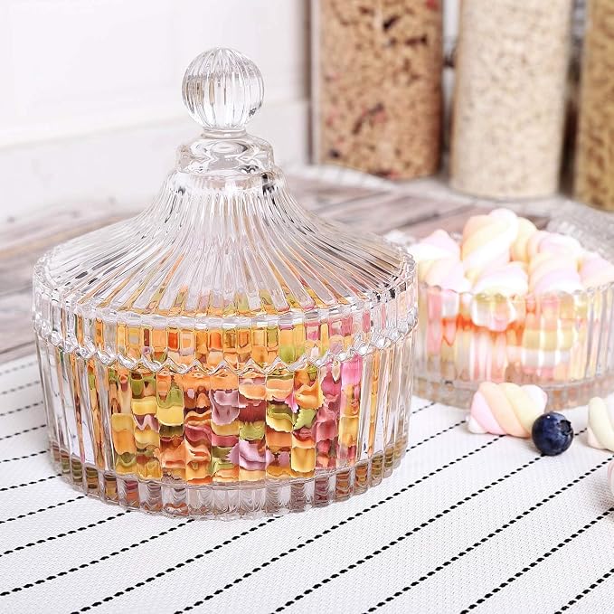 ComSaf 14oz Glass Candy Dish with Lid for Office Desk Small Jar Clear Cute | Covered Candy Storage, Coffee Table Office Desk Bathroom Vanity Decor, Countertop Display, Wedding Favors, Living Room Decor
