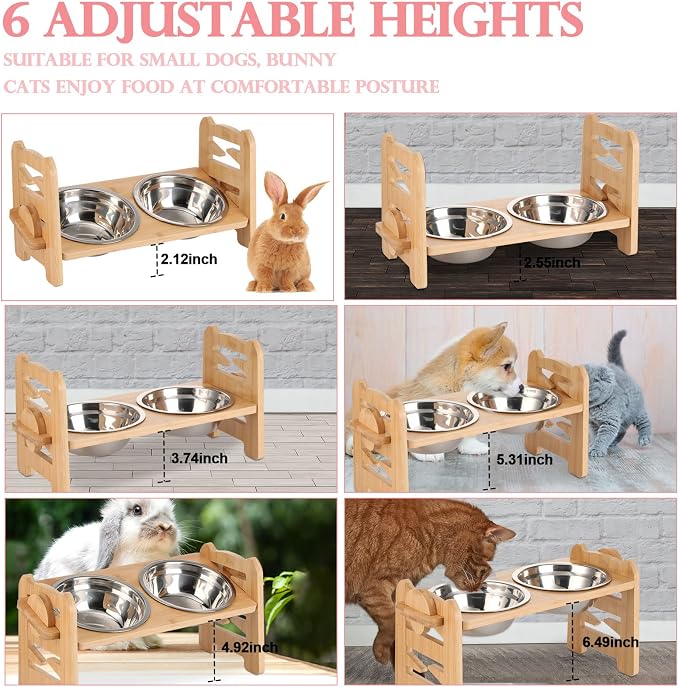 2 Set Elevated Dog Cat Bowls, 15 Tilted Raised Pet Bowl for Puppy and Cats Adjustable Dog Food Feeding Dishes Wood Stand Pet Feeder with Stainless Steel and Non Slip Feet