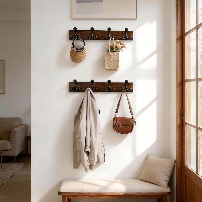 SKOLOO 24-Inch Wood Burnt Coat Rack Wall Mount with 4 Triple Hooks - Ideal for Family Entrances, Classrooms, and Pet Supplies Storage - Perfect Coat Hooks for Wall