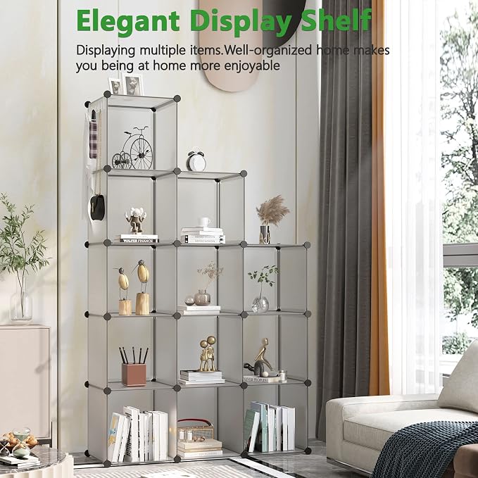 C&AHOME Cube Storage Organizer, 12-Cube Shelf Units, Closet Cabinet Grey | DIY Plastic Modular Bookshelf, Stackable Clothes Organizer Shelving Ideal for Home, Bedroom, 36.6" L x 12.4" W x 48.4" H