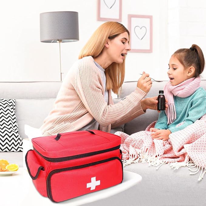 First Aid Bag Empty First Aid Kit Storage Box 12" x 9" x 7" Medical Bag Portable Pill Bottle Organizer Case for Car, Travel, Office, Outdoor, Camping, Hiking, School (Red)