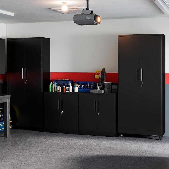 Metal Storage Cabinet for Garage, Tool Cabinet, Utility Cabinet | with Wheels, Tall Tool Cabinet, Lockable, 2 Doors, 4 Adjustable Shelves, Assembly Required, Black
