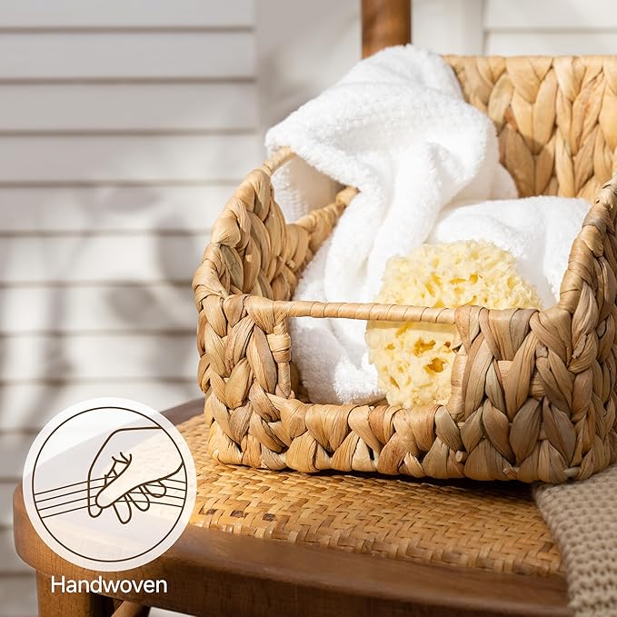 StorageWorks Water Hyacinth Basket Organizer, Pantry Storage Baskets,3-Pack | Wicker Baskets with Handles, Handwoven Shelf Baskets for Organizing, Handwoven Pantry Organizers and Storage, Pantry Baskets