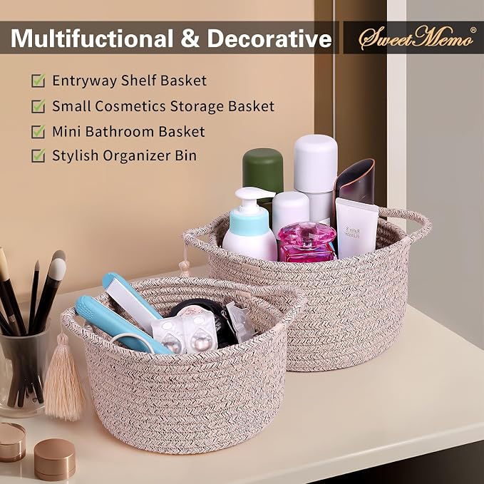 Small Gift Basket Empty to Fill, 2 Pack, Mini Woven Basket, Natural Beige | Cute Decorative Mini Rope Storage Baskets with Cellophane Bags & Ribbons; Two Sizes for Gifting, Bathroom Counter or Desk