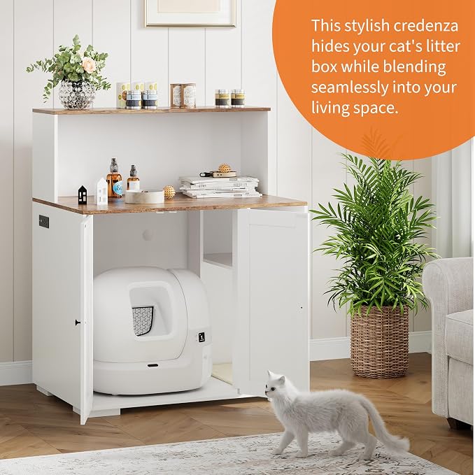 Garvee Dog-Proof Large Cat Litter Box Enclosure with Scratch Pad, Large Automatic Litter Box Furniture for Placing Self-Cleaning Litter Box,Litter Cabinet with Outlet,Space for Cat Stuffs