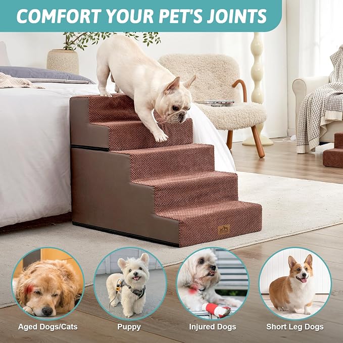 COZY KISS Dog Stairs for Small Dogs, 5 Step Pet Stairs for Beds & Couches | 23.6" Extra Wide Non-Slip Dog Steps with Removable Tiers & Support Board for Puppies, Older Cats & Dogs, Brown