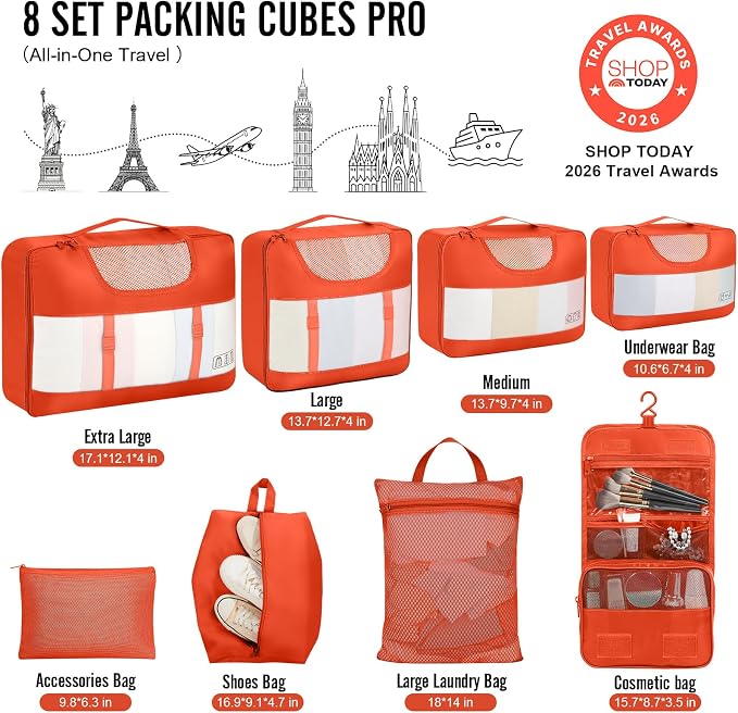 Veken 8 Set Packing Cubes for Travel Essentials, Suitcase Organizer Bags in 4 Sizes, Carry-On Luggage Accessories with Large Laundry & Hanging Toiletry Bag, Must-Have for Airplane, Road Trip & Camping
