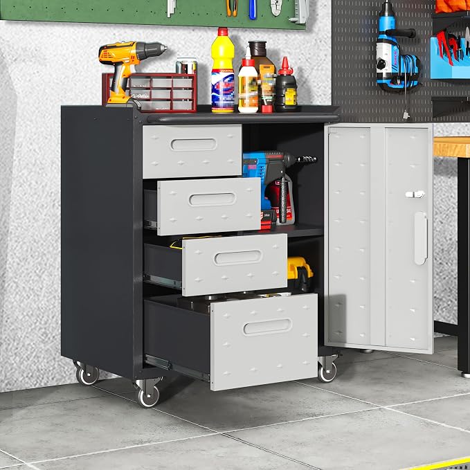 Garage Cabinets,Metal Garage Storage Cabinet with Wheels,Lockable Rolling Tool Cabinet with Drawer and Adjustable Shelves,Heavy Duty Tool Chest for Home Office Utility Room,Black/Grey