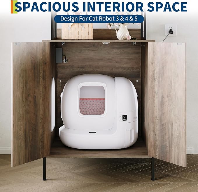 Self Cleaning Litter Box Enclosure Furniture with Shelf & Charge Station | 70" Farmhouse Cat Litter Box Robot Cabinet, Fit Automatic Litterbox Up to 26"×28"×31", Litter Cabinet for Robot 3/4/5 Grey