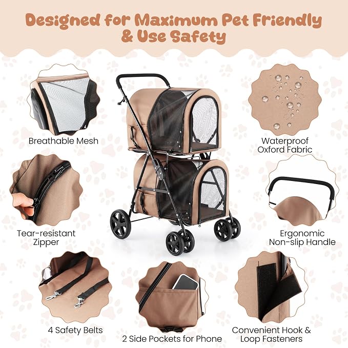 Dog Stroller with 2 Detachable Carrier, Pet Stroller for Small Medium Dogs Cats, Jogger/Travel/Camping, 4-in-1 Doggy Pet Carrier, Carrier Strolling Cart with Lockable Wheels (Beige)