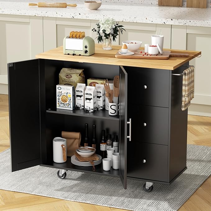 QAQA 40" Kitchen Island Cart Furniture cart on Wheels Rolling Portable Dining Room Serving Utility Carts Mobile Movable with Drawers Cabinet,Black