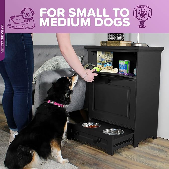 MiMu Raised Dog Bowl Stand with Food Storage Cabinet - Black Dog & Cat Feeder Station