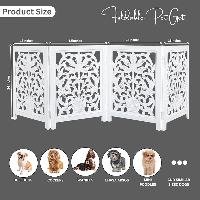 Lightnpro 4-Panel Wooden Dog Gate with Stopper – 72 Inch Extra-Wide Foldable Freestanding Pet Barrier, Antique White Indoor Safety Fence for Small Dogs & Puppies – 24x18 Inch Panels