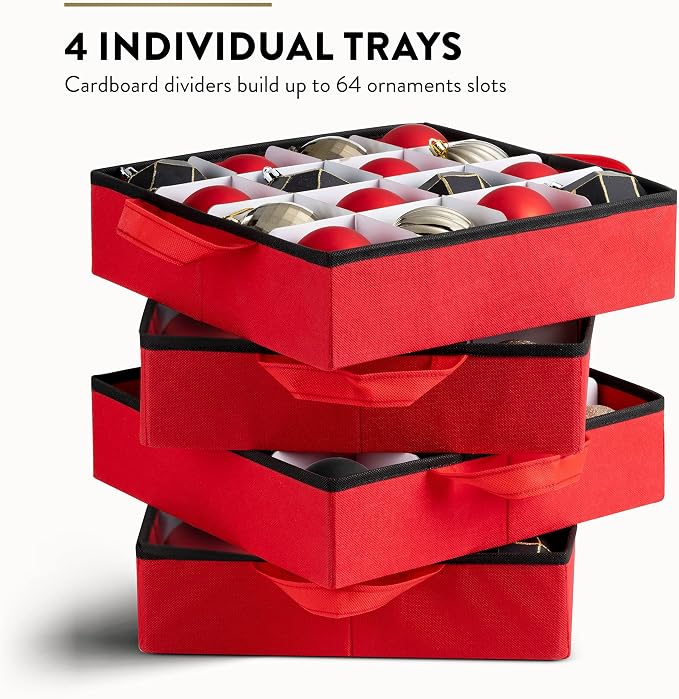 ZOBER Christmas Ornament Storage Box - Stores 64 Ornaments - Non-Woven, Tear- Proof Christmas Ornament Storage Containers - 3 Inch Cube Compartments - Red (Pack of 2)