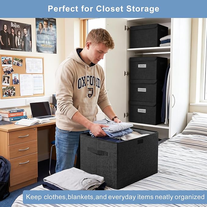 Large 17" 42 Quarts Collapsible Stackable Storage Bins with Lids [3-Pack] Foldable Fabric Linen Storage Boxes Cube, Closet Organizer Baskets with Label (16.7 x 12 x 12, Black)