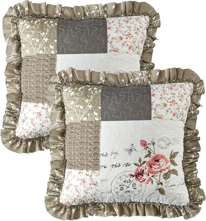 Brilliant Sunshine Pink Roses & Grey Toile Ruffle Pillowshams Set, 18"x18" | Patchwork Design with Ruffles, Quilted Pillow Covers, Washable Throw Cushion Cases for Couchs and Beds, Pack of 2