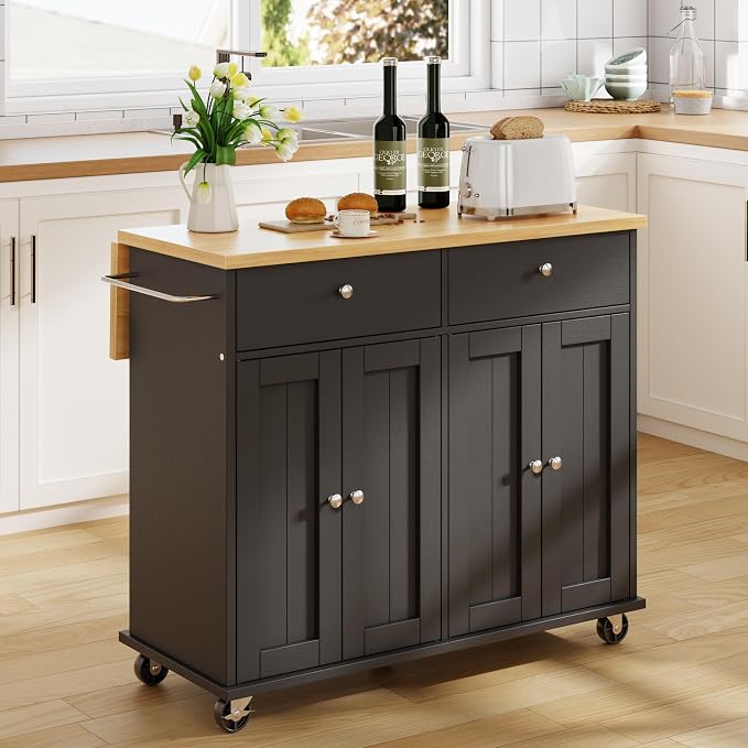 JY QAQA 39" Kitchen Island on Wheels with Storage Cabinet Kitchen Cart Cabinet with Shelves, Cart Handle for Towel Rack or Free Mobility, Portable Islands for Kitchen, Black