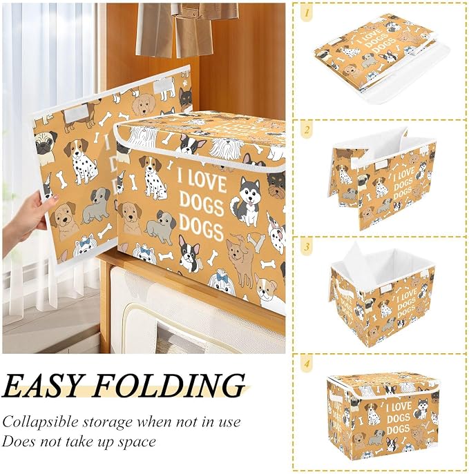 Pet Animal Motif Storage Bins with Lids Closet Bedroom 40L Fabric Bin | Decorative Storage Boxes, Foldable & Stackable, Dust-Proof Flip Top, Reinforced Handles, For Home & Dorm, Clothes & Toy Box