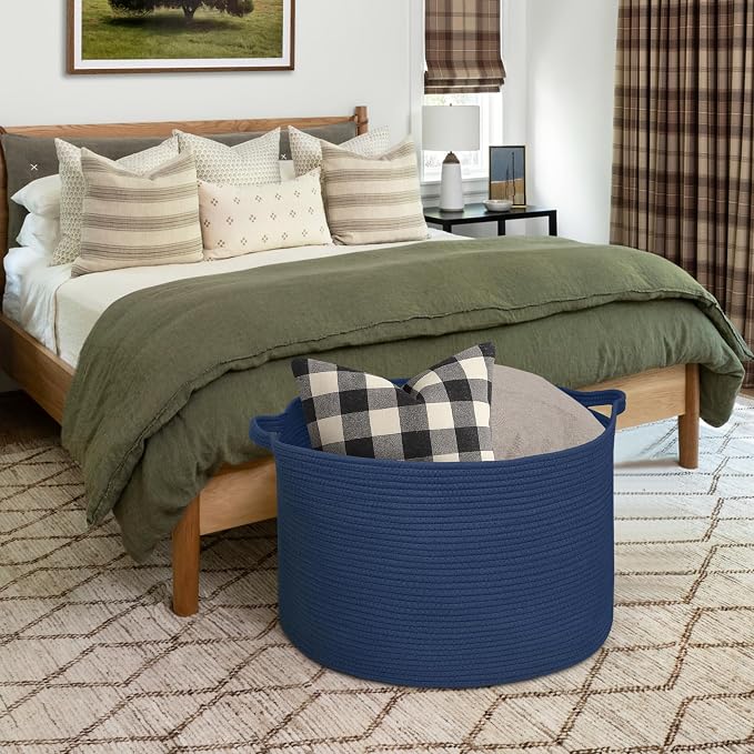 115L Dark Blue Basket for Organizing, 23.6" x 15.7" XXXL Woven Cotton Rope Laundry Basket, Oversized Blanket Storage for Living Room Bedroom, Kids Toy Box Organizer, Pool Towel Storage Bin