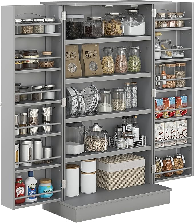 HOMCOM 41" Kitchen Pantry Storage Cabinet 12 Door Shelves Double Doors Gray | Freestanding Kitchen Cabinet, 2 Doors, 5-Tier Shelving, Adjustable Shelves