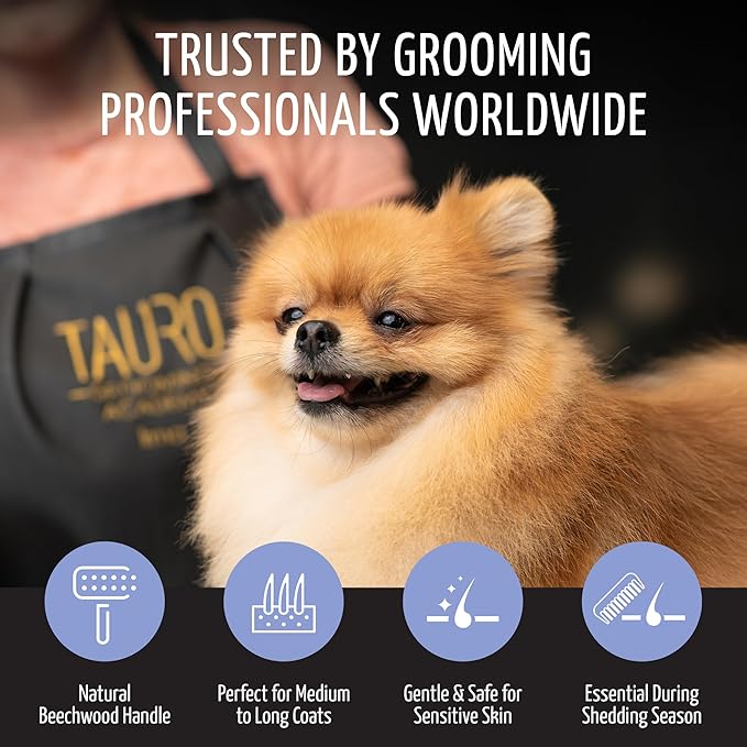 Tauro Pro Line Slicker Brush for Dogs & Cats, Deshedding, Dematting & Detangling Grooming Tool for Medium to Long Coats, Ideal for Doodles & Poodles, Flexible Cushion, Purple, Medium Size (M)