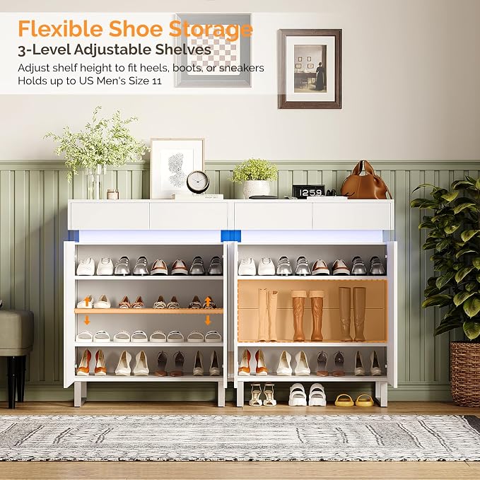 VINGLI Modern White Shoe Cabinet with LED Lights, High Gloss Entryway Shoe Storage Organizer with 2 Drawers & Adjustable Shelves, Freestanding Hidden Shoe Rack for 15+ Pairs, 30.7" W