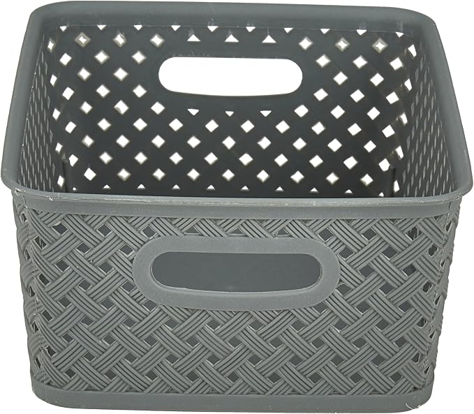 Simplify Small Resin Wicker Tote | Storage Bin | Plastic Organizer | Carrying Handles | Bathroom | Pantry | Accessories | Cleaning Products | Grey