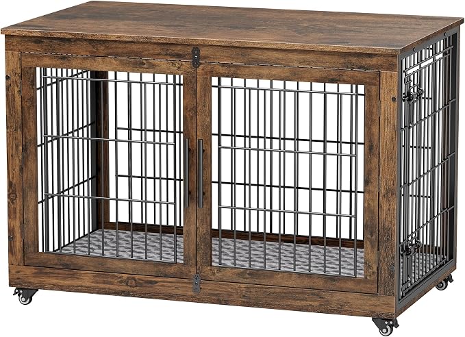 YaFiti Dog Crate Furniture, 44" Wooden Dog Kennel, 2 Pack, Rustic Brown | Cushion, Wheels, Double Doors, for Large Dogs, Up to 85 lb, Furniture Style, Side End Table, Decorative Pet Cage House