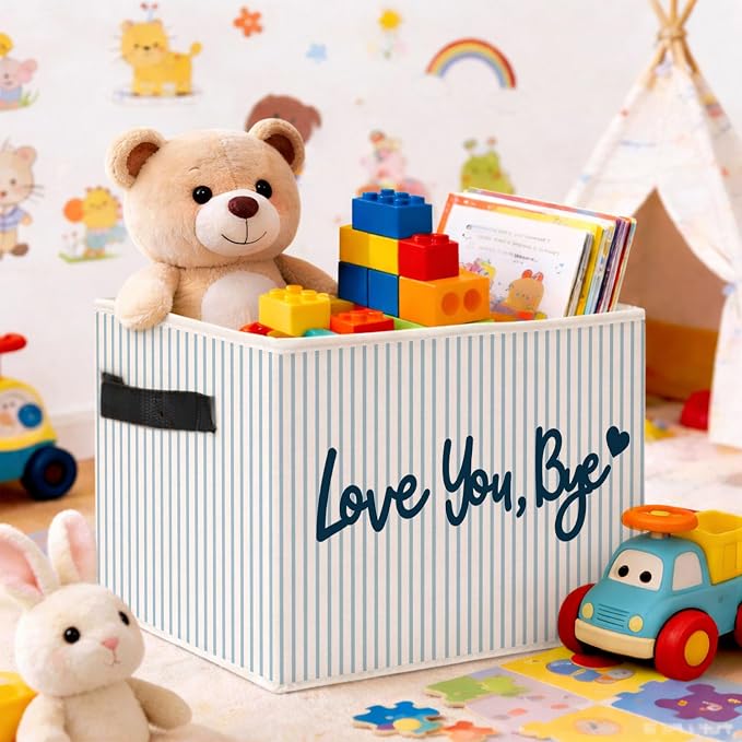 Love You Bye Storage Bin, Blue White Stripe Fabric Basket Organizer | Foldable collapsible fabric organizer for dorm room, girls room, bedroom, nursery, toys, books, clothes