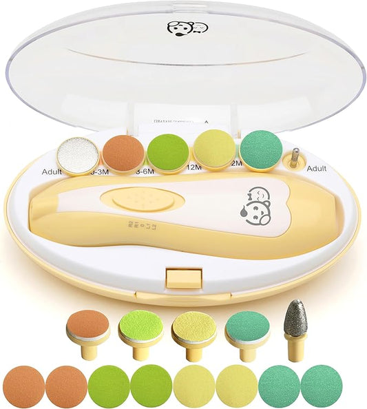 Royal Angels Upgraded 21 in 1 Baby Nail Trimmer with Labeled Case, 13 Extra Replacement Pads, Safe Electric Baby Nail File Kit for Newborn & Toddler, Whisper Quiet Nail Clipper with LED Light (Yellow)