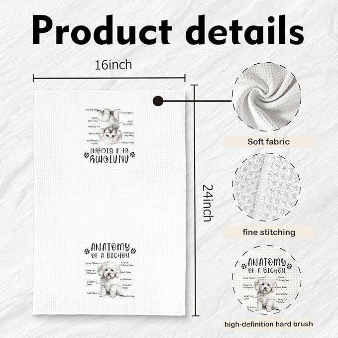 Funny Bichon Dog Kitchen Towels, Bichon Frise Gifts for Women, Men's Dog Anatomy Tea Towel for Home, Kitchen, Bathroom