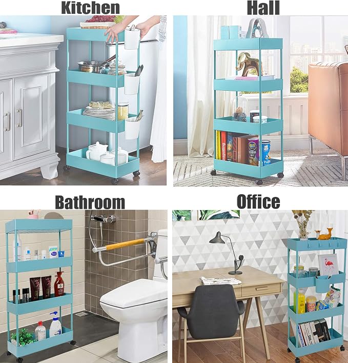 4 Tier Slim Rolling Utility Kitchen Cart Bathroom Organizer for Narrow Places Multipurpose Storage Shelve Mobile Trolley for Bedroom Laundry Office Restaurant Garage Pantry (Teal)